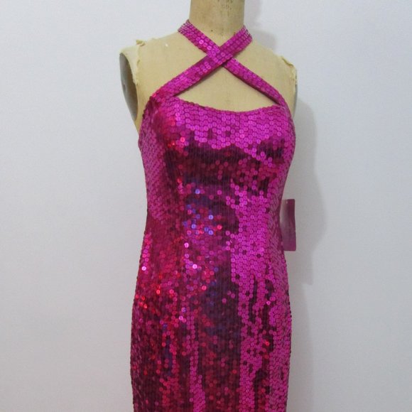 Adrianna Papell Dresses & Skirts - Fuchsia Pink Sequin Evening Halter Dress Shimmering Prom